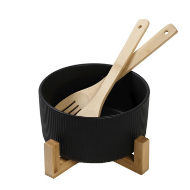 Σαλατιέρα Πορσελάνης Μαύρη με 2 Ξύλινες Κουτάλες και Βάση Φ20x10cm TVL102 Espiel