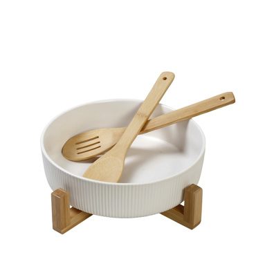 Σαλατιέρα Πορσελάνης Λευκή με 2 Ξύλινες Κουτάλες και Βάση Φ26.7x9.8cm TVL104 Espiel