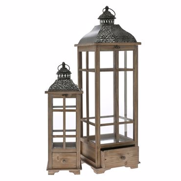 Iliadis Σετ των 2 Φανάρι Ξύλινο Καφέ με Μαύρη Μεταλλική Οροφή 80724