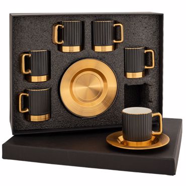 Iliadis Σετ των 6 Φλιτζάνι με Πιατάκι Μαύρο/Χρυσό Κεραμικό/Μεταλλικό 11.5cm 90081