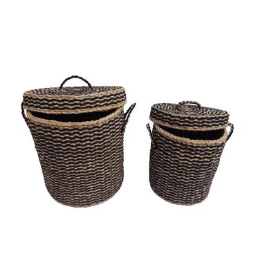 Liberta-Maison Daman Καλάθι Με Καπάκι Set 2τμχ 44x44x45cm Seagrass Φυσικό Μαύρο 021996