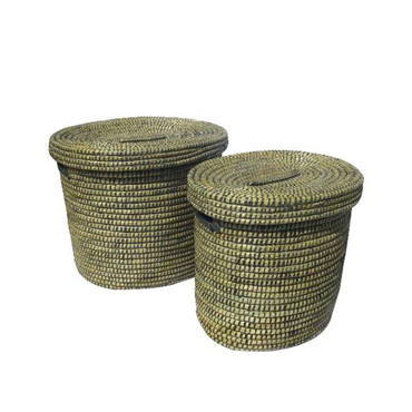 Liberta-Maison Kenya Καλάθι με Καπάκι Set 2Τμχ 55x55x50cm Kansgrass Φυσικό Μαύρο PVC 027432