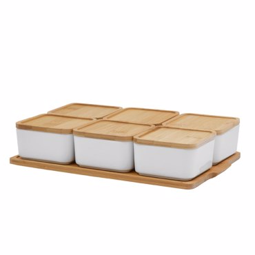 Liberta-Maison Curve Δοχειο Αποθήκευσης Με Καπάκι Set 6τμχ 30x19x7cm Πορσελάνη Λευκό Φυσικό Bamboo 030008