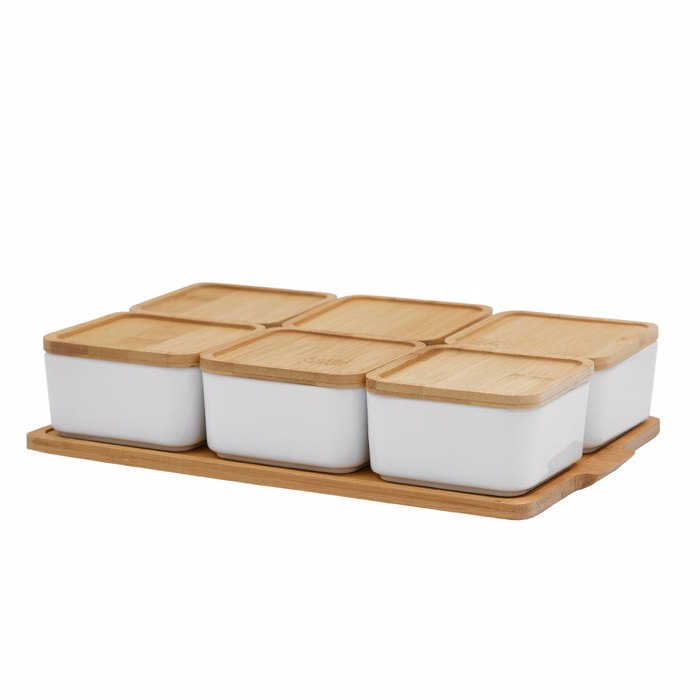 Liberta-Maison Curve Doxeio Apothikefsis Me Kapaki Set 6tmx 30x19x7cm Porselani Lefko Fusiko Bamboo 030008