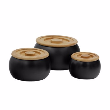 Liberta-Maison Curve Δοχειο Αποθήκευσης Με Καπάκι Set 3τμχ 16x16x23cm Πορσελάνη Μαύρο Φυσικό Bamboo 030026