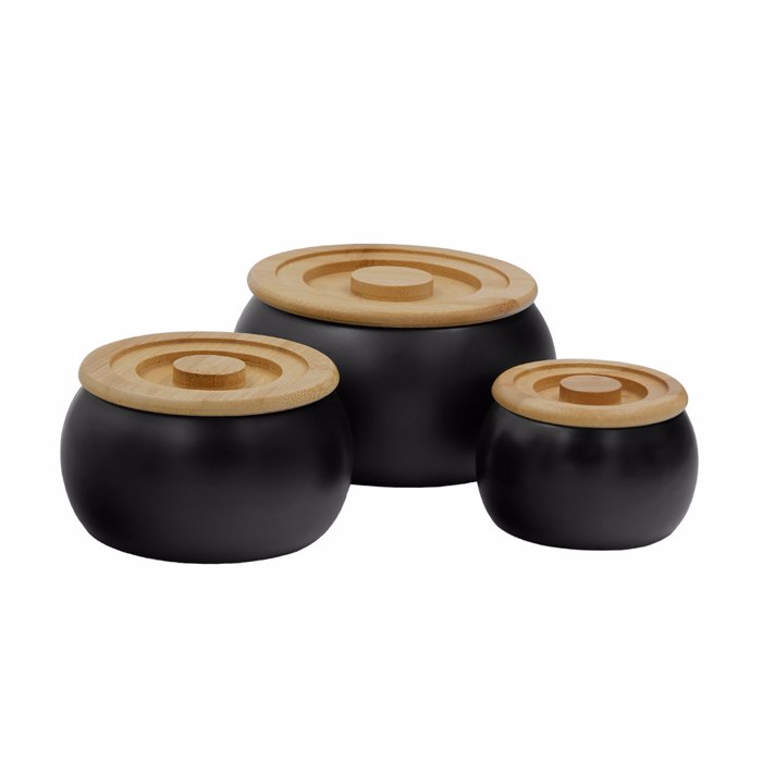 Liberta-Maison Curve Doxeio Apothikefsis Me Kapaki Set 3tmx 16x16x23cm Porselani Mavro Fusiko Bamboo 030026