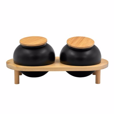 Liberta-Maison Curve Δοχειο Αποθήκευσης Με Καπάκι Set 2τμχ 33x16x13cm Πορσελάνη Μαύρο Φυσικό Bamboo 030027
