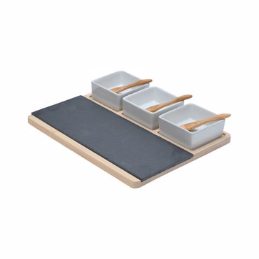 Estia Πλατώ Σερβιρίσματος Σχιστόλιθου με Ξύλινη Βάση και 3 Μπωλ με Κουτάλι 28x11cm 07-24161