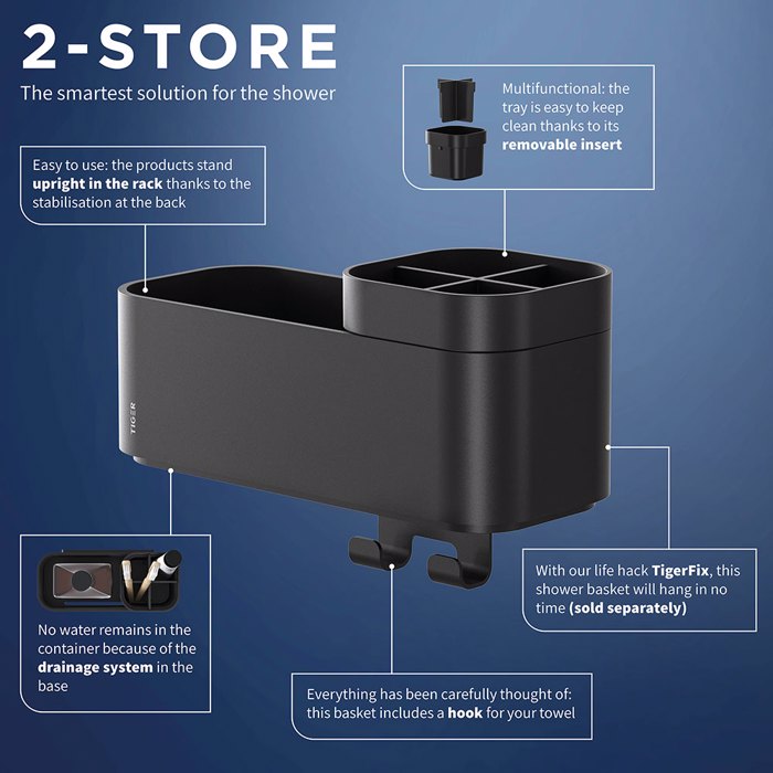 Tiger 2-Store Επιτοίχιο Ράφι με Θήκες και Κρεμάστρες 25 cm Black 800374 Tiger 2-Store Epitoixio Rafi me Thikes kai Kremastres 25 cm Black 800374