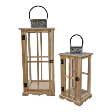 Ankor Σετ των 2 Φανάρι Ξύλινο με Γκρι Μεταλλική Οροφή 26x26x59cm (831753)