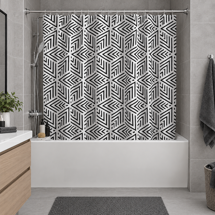 Kourtina Baniou 180x180cm ufasmatini me Gometriko Sxedio Aspromavro MRShome