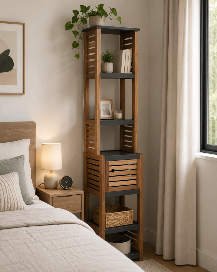 MRShome Epiplo MDF/Akakia me 1 Ntoulapaki kai 5 Rafia Apothikefsis Ggri/Kafe 38.5x30x170cm MRShome